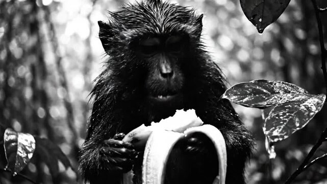 Black and white portrait of a monkey enjoying a banana in a natural setting with surrounding foliage