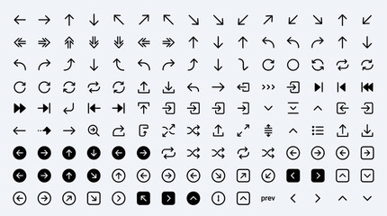 Fototapeta premium Arrow icon set. Minimal vector line icons collection Includes left chevron, digonal arrow, up chevron, crve arrow, expand, right arow, exchange, undo, doubl arrow and more. Editable troke.
