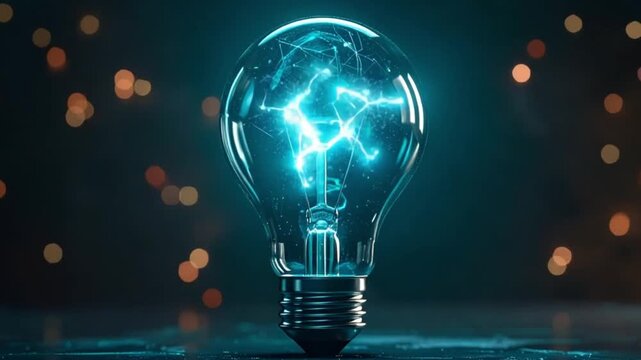 Light bulb with glowing blue digital energy circuit core, featuring a futuristic technology concept with innovation, artificial intelligence, creativity, and digital energy visualization.
