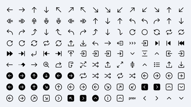 Arrow icon set. Minimal vector line icons collection Includes left chevron, digonal arrow, up chevron, crve arrow, expand, right arow, exchange, undo, doubl arrow and more. Editable troke.