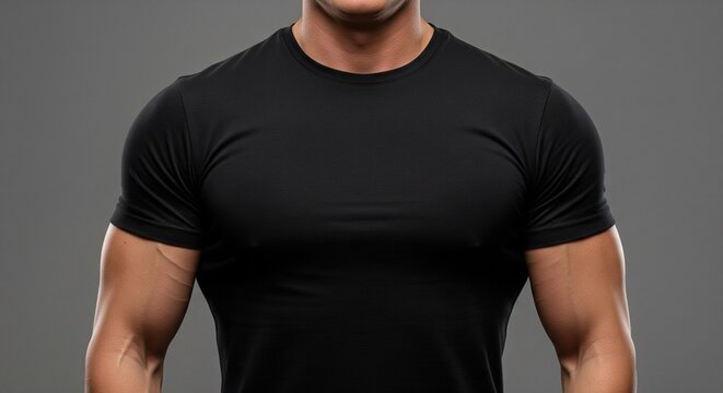 Muscular man in black t-shirt flexing biceps studio portrait isolated on grey background