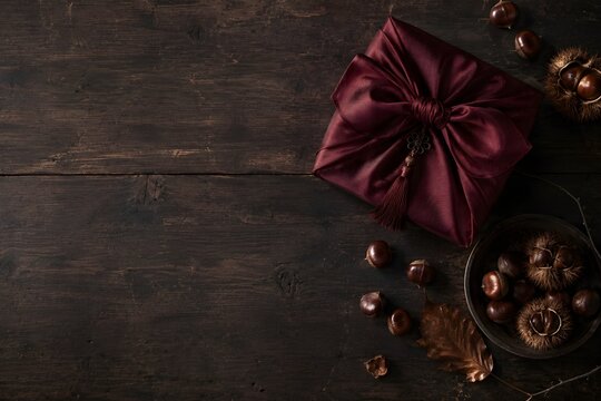 Traditional silk gift and autumn chestnuts