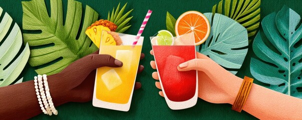 Obraz premium Two friends toasting colorful tropical cocktails in a paper craft illustration with leafy backdrop