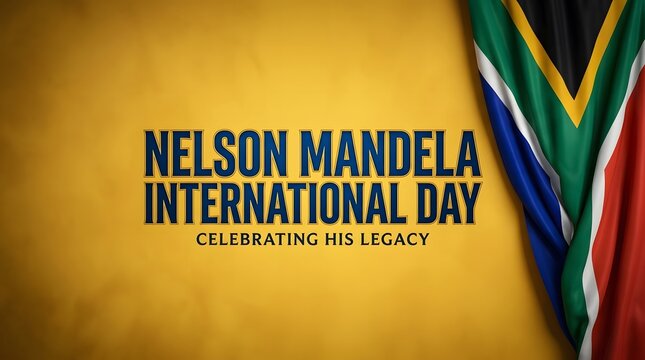 A rustic, textured yellow grunge background banner celebrating Nelson Mandela International Day with a waving South African flag on the right border.