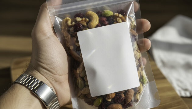 Hand watch pouch nut dried fruit snack clear minimalist biodegradable label held over wooden table with mixed trail food visible inside package