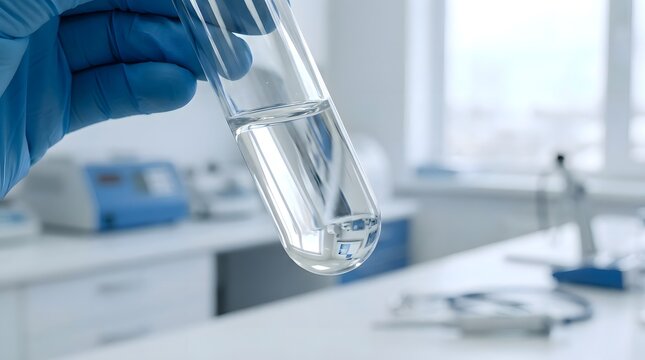 Scientist Gloved Hand Holding a Test Tube with Liquid in Lab