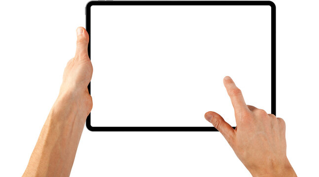 tablet in hands, hand holding tablet, tablet mockup, digital tablet, touchscreen tablet, tablet in hands  isolated on transparent background
