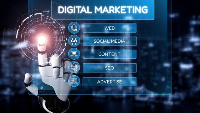 Digital marketing strategy broken down into categories: web, SEO, content, social media, and advertise. Digital tools enhance online marketing success across digital platforms. Muxer