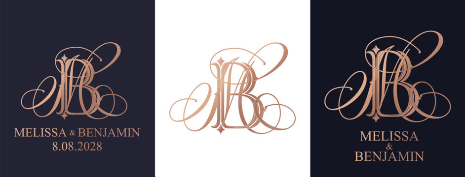 MB BM monogram logo in a sophisticated ornamental style. Luxury wedding initials for stationery, invitations and personalized wedding branding.