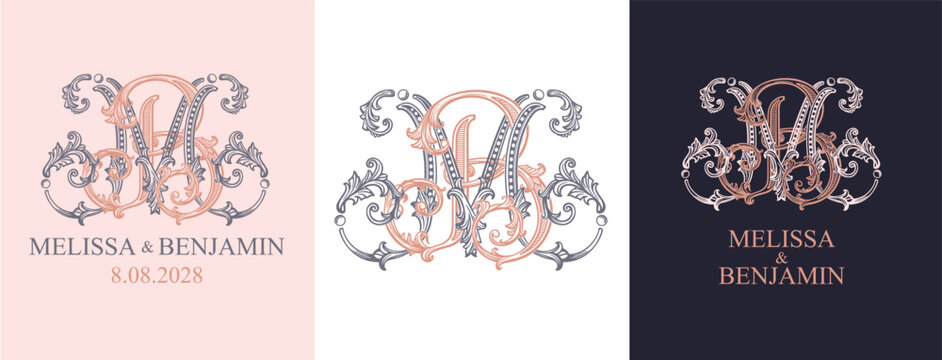 MB BM monogram logo in a sophisticated ornamental style. Luxury wedding initials for stationery, invitations and personalized wedding branding.