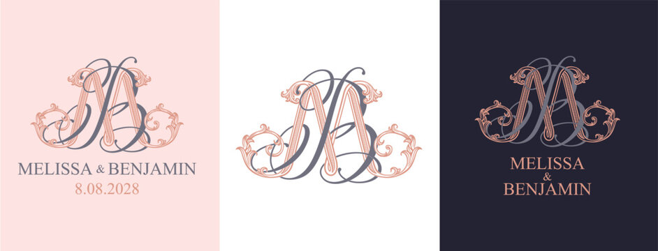 MB BM monogram logo in a sophisticated ornamental style. Luxury wedding initials for stationery, invitations and personalized wedding branding.
