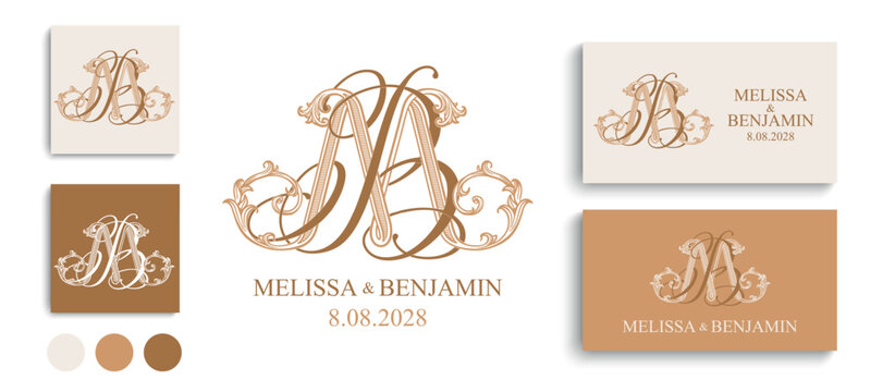 MB BM monogram logo in a sophisticated ornamental style. Luxury wedding initials for stationery, invitations and personalized wedding branding.