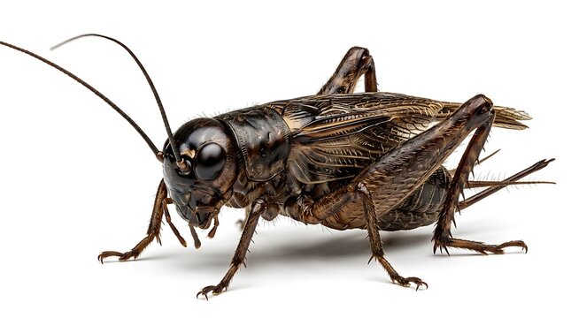 A detailed close up of a black field cricket on a white background.