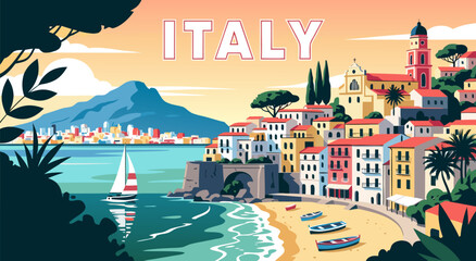 Beautiful Italian coastal town with colorful houses, a sandy beach, and a sailboat on the sea, with a mountain in the background, a perfect travel destination. © Purnomo Semlirick