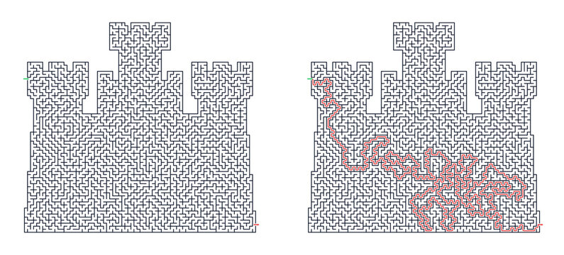 Castle shaped maze puzzle with solved path for summer activity books, representing educational logic game and problem solving strategy concept for business or children