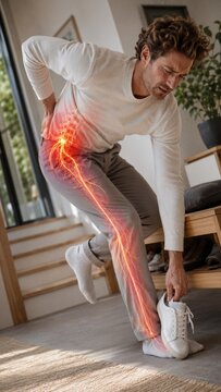 Man suffering from sciatica back pain. Male experiencing acute lumbar nerve injury while putting on shoe. Sciatic nerve inflammation visualization for medical healthcare treatment concept.