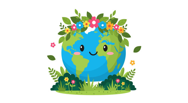 Cute Earth planet character with flowers and leaves, concept of Earth Day and environmental protection.