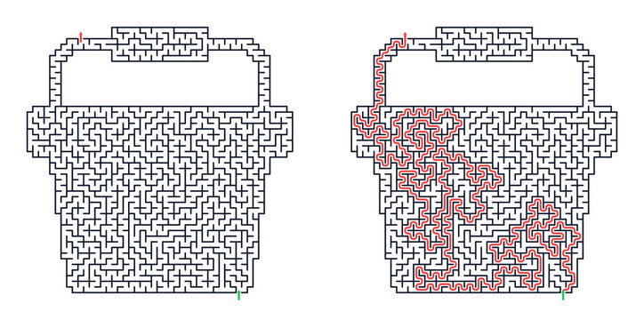 Summer maze for children featuring a sand bucket shaped logic puzzle with solution path for kids education and problem solving activities in a flat vector style
