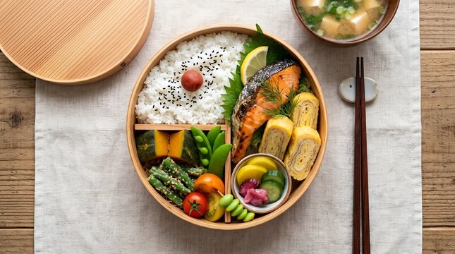 Traditional Japanese Magewappa Bento Box with Grilled Salmon, Tamagoyaki Rolled Omelet, White Rice and Miso Soup on Wooden Table