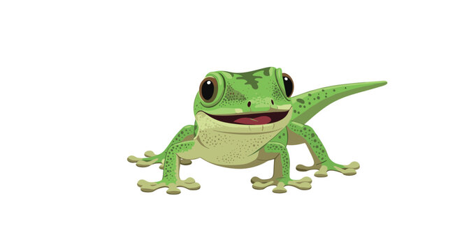 Friendly green gecko with detailed scales and large dark eyes looks forward with an open mouth in a vibrant wildlife illustration on white.