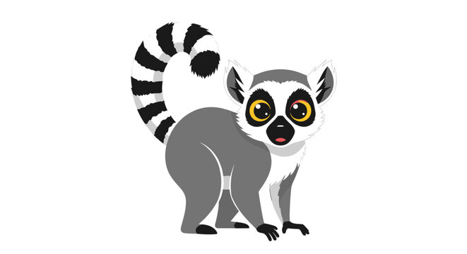 Curious ring-tailed lemur with large golden eyes and a distinctive black and white striped tail stands looking back in a wildlife drawing.