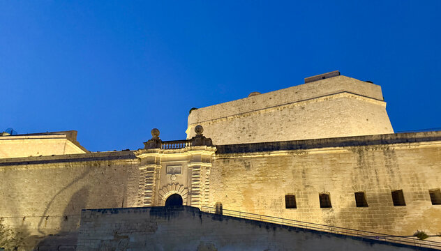 Illuminated Bastion Wall and Gate in Malta at Blue Hour