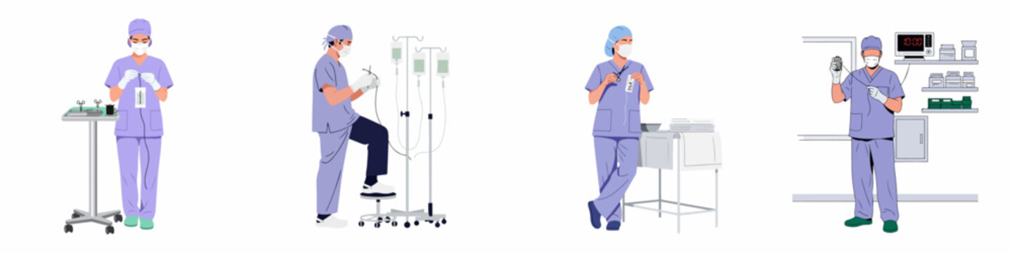 Vector illustration set of surgical nurses and technicians preparing medical equipment and sutures in an operating room environment.