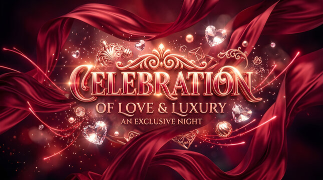 Elegant celebration of love and luxury banner with glowing gold text and red flowing fabric background for an exclusive night party event
