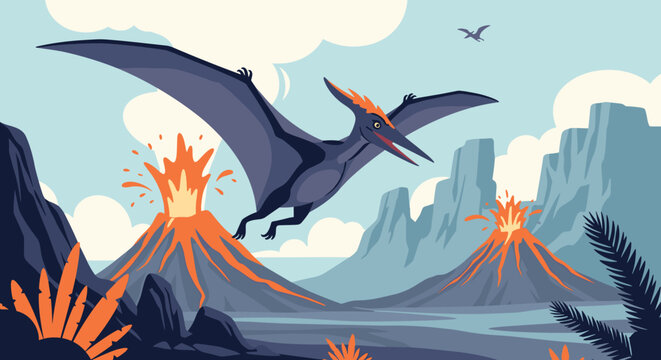 Large pterodactyl with grey wings flies through a prehistoric landscape filled with erupting volcanoes and mountains.