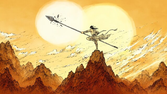 Swordsman Holding Halberd On Mountain Peak
