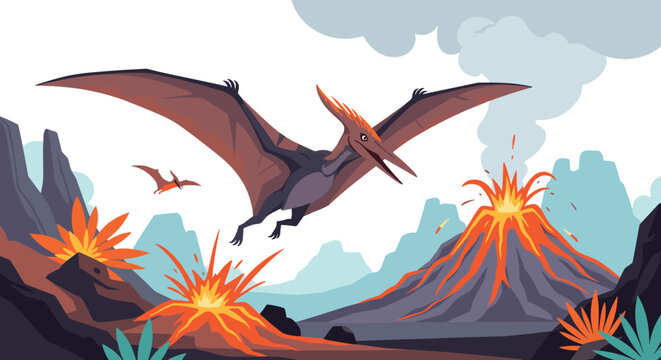 Prehistoric pterosaur glides majestically over a volcanic valley with active eruptions and cooling lava under a cloudy sky.