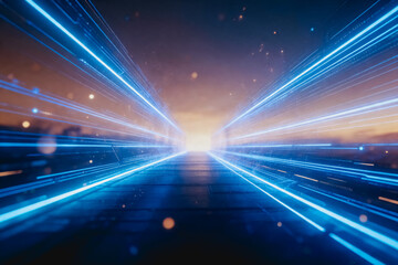 Obraz premium A futuristic abstract scene showing blue light trails converging towards a bright horizon, representing speed, digital technology and future concepts.