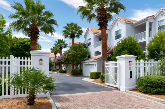 Gated community entrance with palm trees and modern apartments