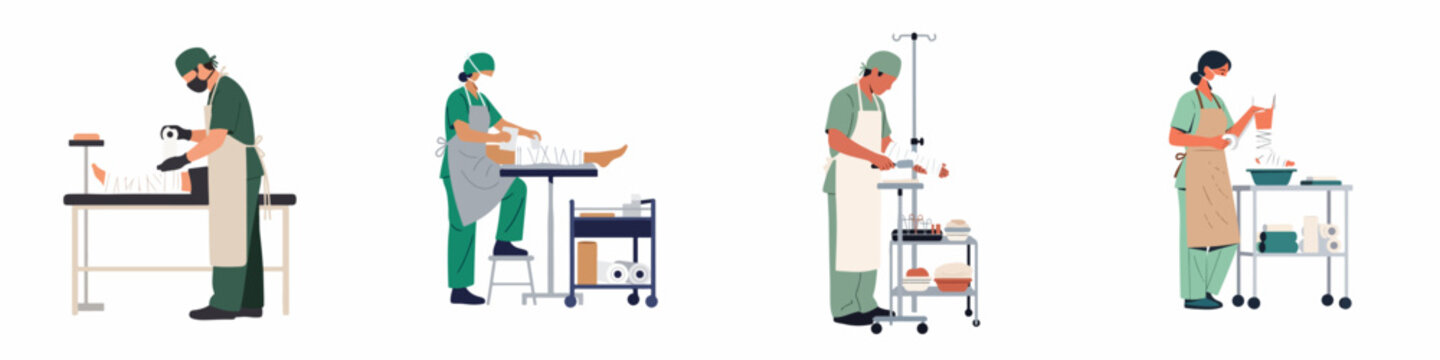 Set of medical professionals applying bandages and plaster casts to patients with leg and arm injuries in a clinical environment.