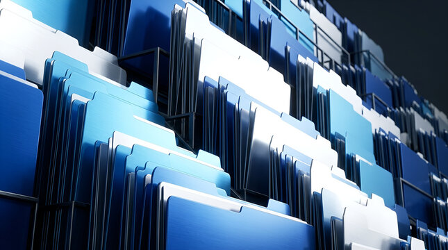 3D rendering of metallic blue and white digital folder icons arranged in rows for data storage, server management, file archive, cloud computing, and database organization.