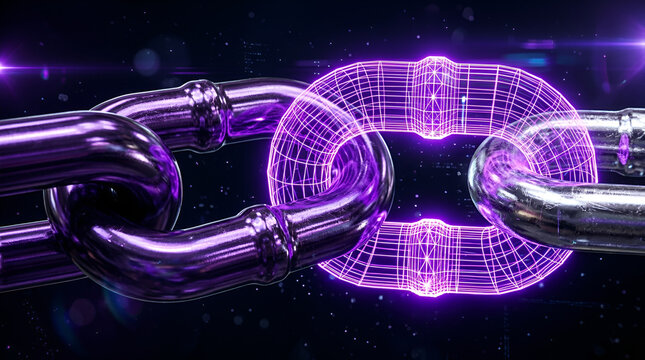 Blockchain technology concept featuring metallic chrome chain links connected by a glowing purple neon digital wireframe link on a dark technical background with light flares.