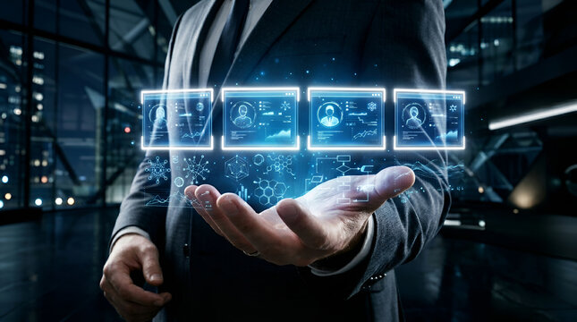 Businessman holding holographic interface showing four candidate profiles with analytical data charts and graphs in a modern corporate office at night for recruitment purposes.
