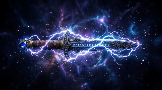 Electric sword emits bright blue lightning in dark space galaxy