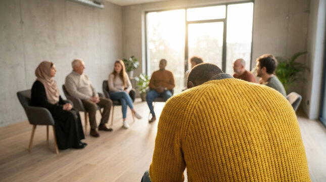 Mental support group health meeting support hopeful mood modern room. psychology trust discussion. therapy community meeting, help together counseling talking
