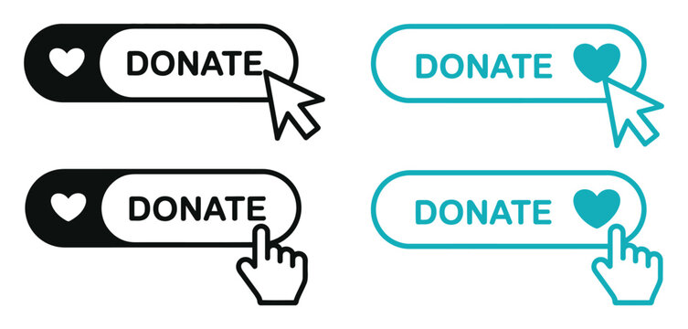 Donate Button Click icon set featuring charity support, online donation, fundraising and contribution symbols in editable vector style.