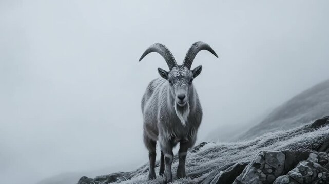 Wild mountain goat standing in dense mountain fog, capturing a dramatic natural wildlife scene with a mysterious alpine atmosphere, suitable for nature, animal, wilderness