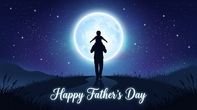 Happy father's day banner with Silhouette son is riding his father is neck at blue full moon night time vector design

