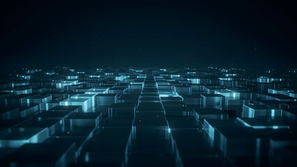 Obraz premium Futuristic Digital Cityscape with Glowing Blocks and Starry Night Sky