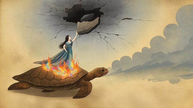 Fairy Riding Giant Turtle Mending Cracked Sky