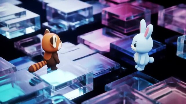 Cute Red Panda and Bunny 3D Characters on Neon Geometric Blocks, Animation
