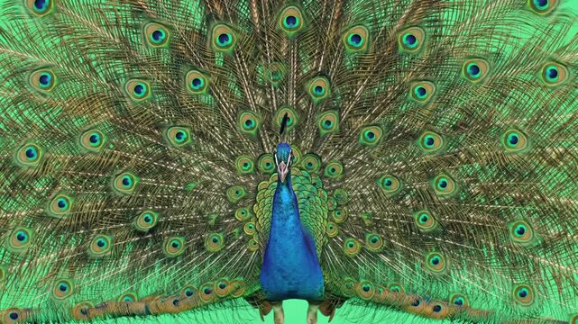 Peacock Displaying Vibrant Green Plumage Feathers.