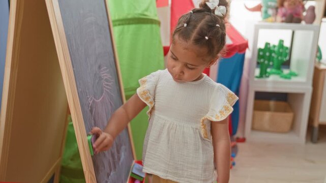 Little girl erases chalkboard scribbles with hand eraser at an easel in a playroom building while focused on wiping marks; concentration play learning.