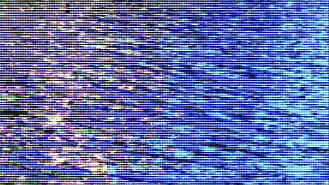 Glitchy pixelated motion blur with blue water texture, unstable handheld camera movement, digital interference