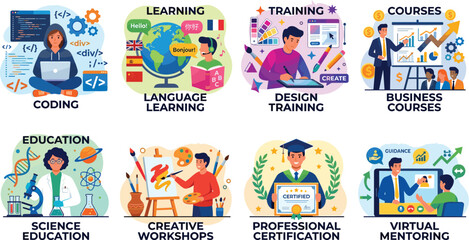 Fototapeta premium Education Skills Vector Bundle Featuring Coding Language Learning Design Training and Professional Certification