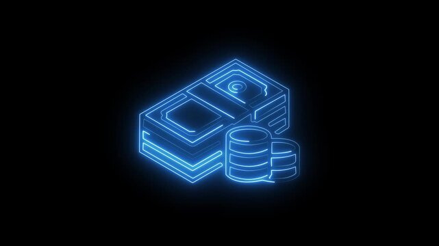 glowing blue neon outline of stacked money bills and coins animating on a dark background representing wealth and finance concepts in a stylish abstract motion graphic
